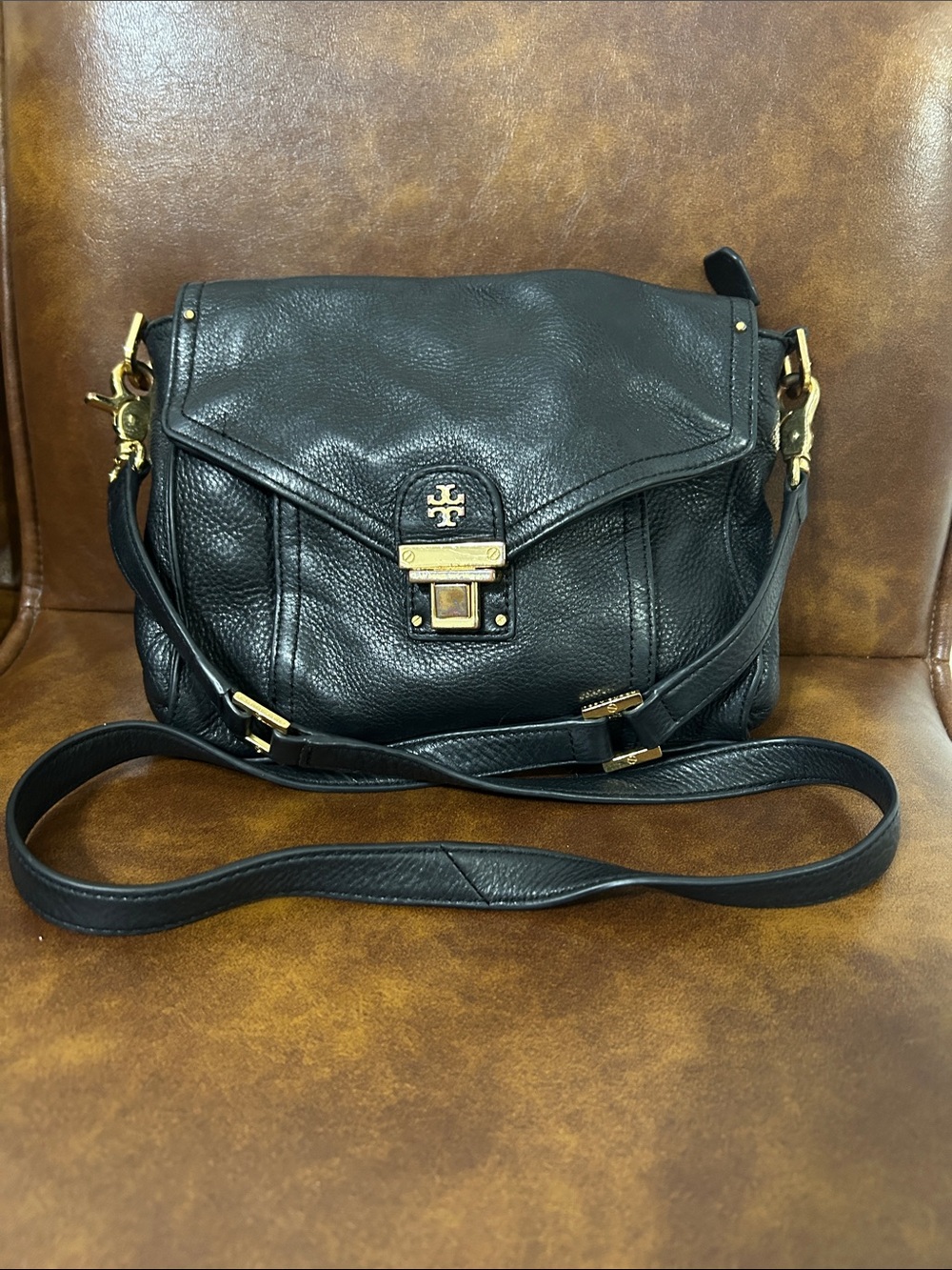 Tory Burch Black Pebbled Leather Crossbody with Gold Hardware